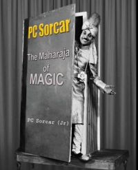 Book cover of PC Sorcar: The Maharaja of Magic, with a magician peering out of an upright box. Published by Niyogi Books.