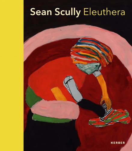 Abstract painting of child playing on rug, Sean Scully Eleuthera in yellow font above, yellow left border.