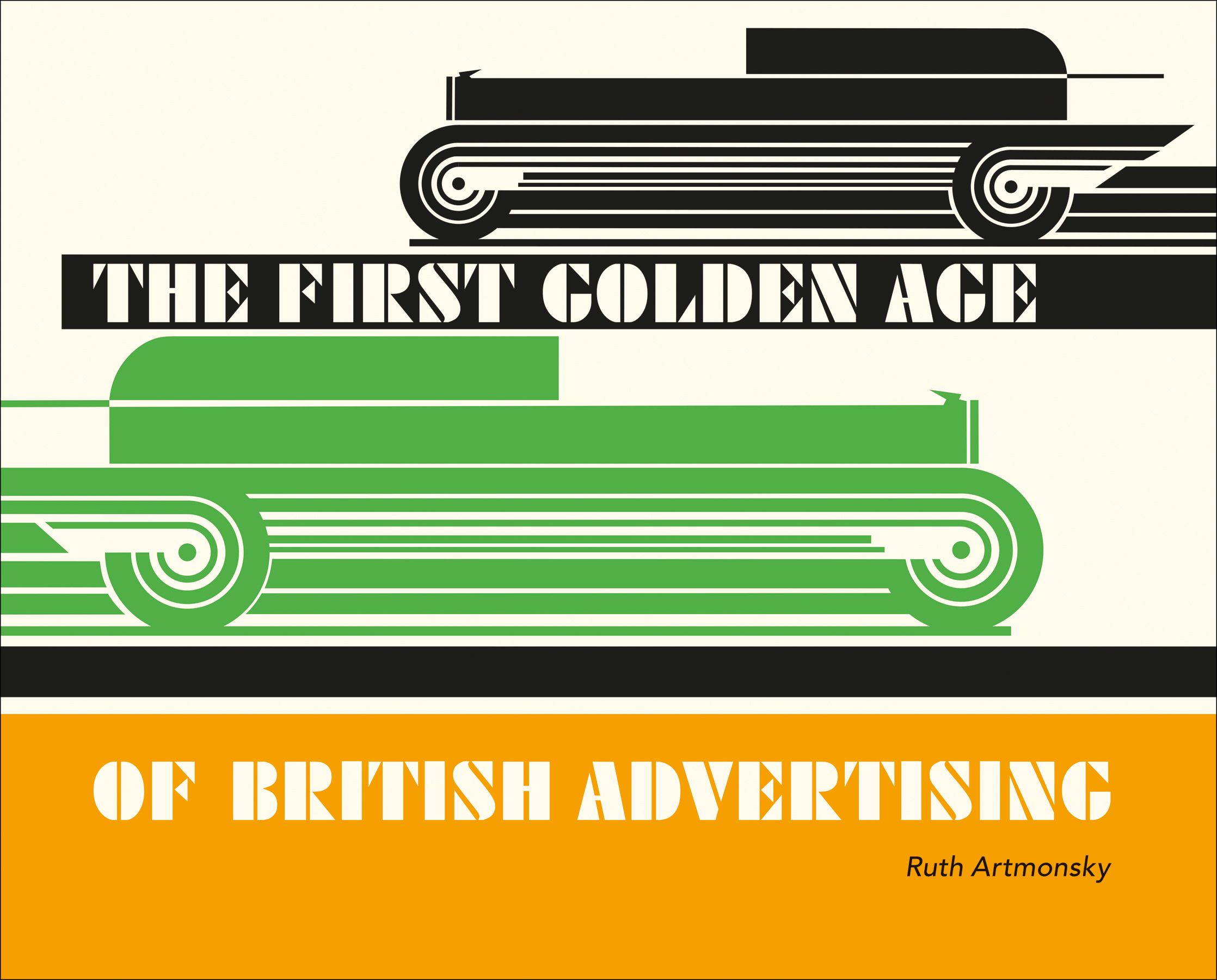 Advert graphic of black and green cars speeding in opposite directions, The First Golden Age of British Advertising in white font on black and yellow