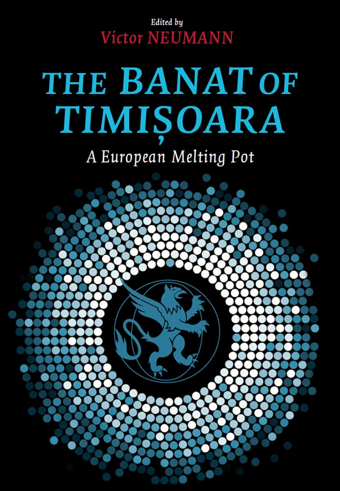 Circle pattern of turquoise and white dots, dragon in centre, The Banat of Timisoara on black cover in blue font above