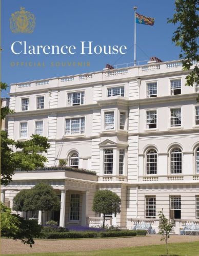 Clarence House, Royal Standard flag flying above, blue sky, Clarence House Official Souvenir in white and gold font above