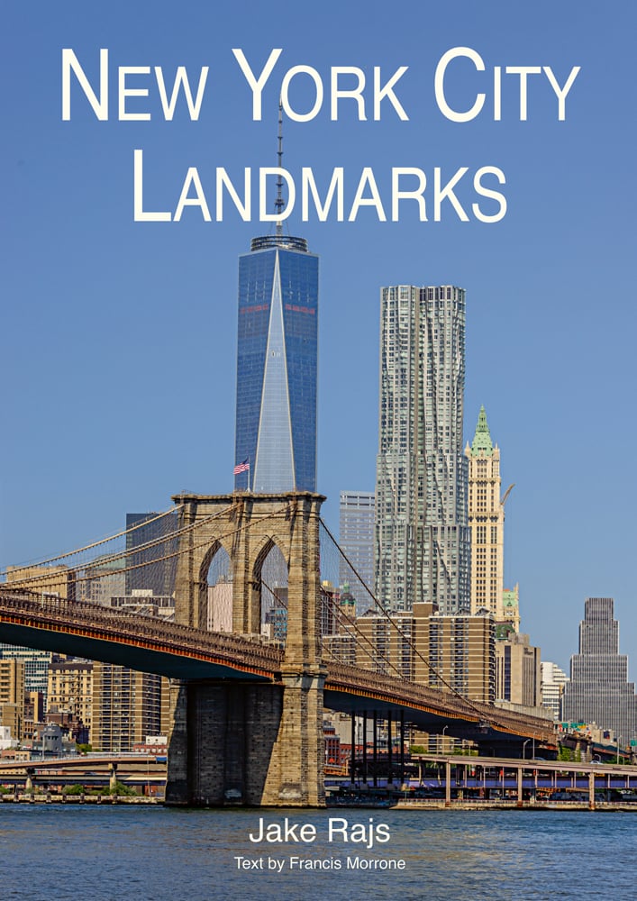 Brooklyn Bridge with New York Skyline behind, on cover of 'New York City Landmarks (2015 edition), by ACC Art Books.