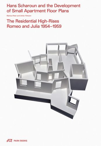 Aerial roofless CAD 3D building floorplan on white cover, Hans Scharoun and the Development of Small Apartment Floor Plans in red font above.