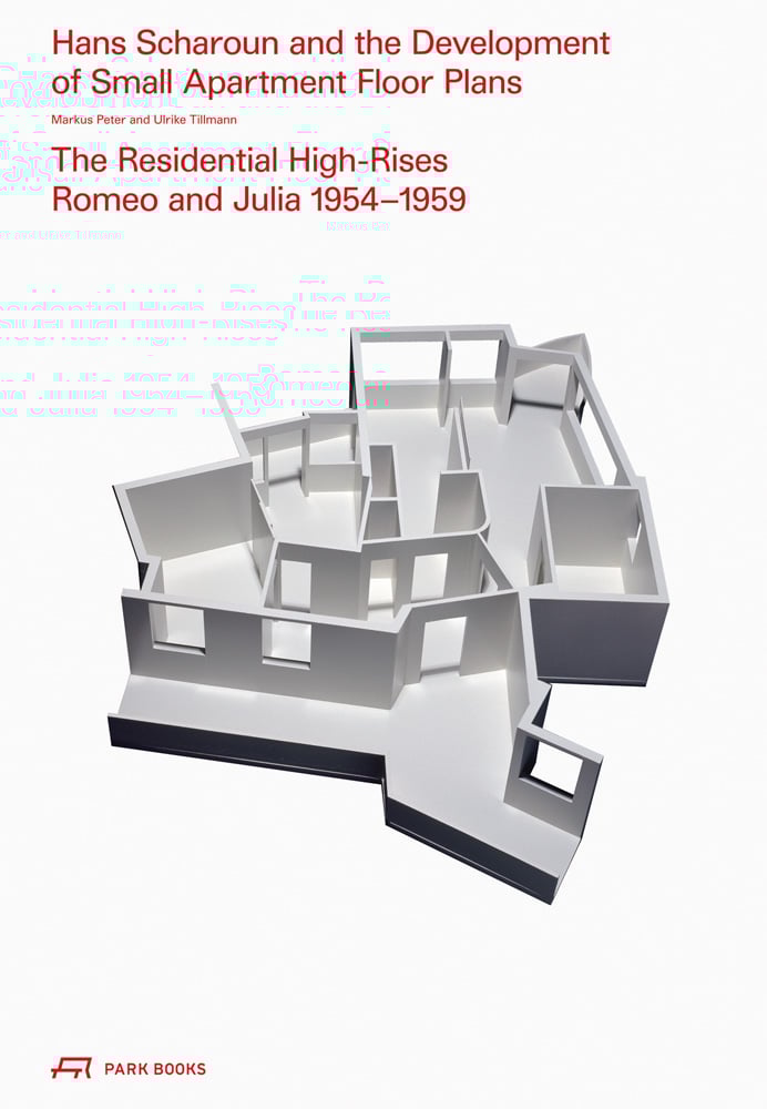Aerial roofless CAD 3D building floorplan on white cover, Hans Scharoun and the Development of Small Apartment Floor Plans in red font above.