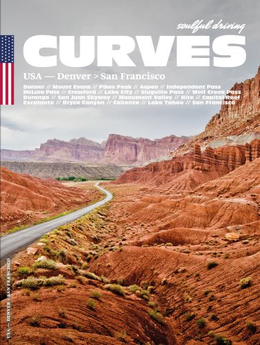 Stunning rocky American landscape with winding road, on cover of 'Curves USA: Denver - San Francisco, Number 11', by Delius Klasing.