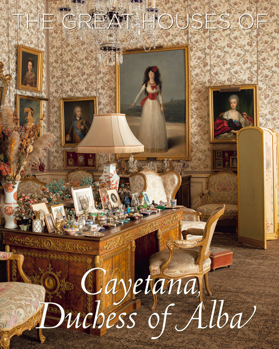 Interior reception hall with large desk covered in photo frames, large paintings on the wall, on cover of 'The Great Houses of Cayetana, Duchess of Alba', by Ediciones El Viso.