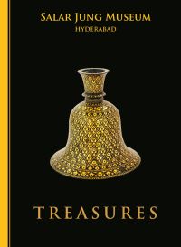 Book cover of Treasures Of Salarjung Museum, with a gold Bidri Huqqa Base with stylized flowers. Published by Niyogi Books.