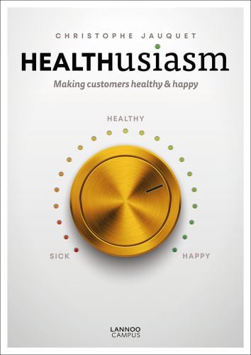Gold volume control labelled sick, healthy, happy, white cover, HEALTHUSIASM in black font above.