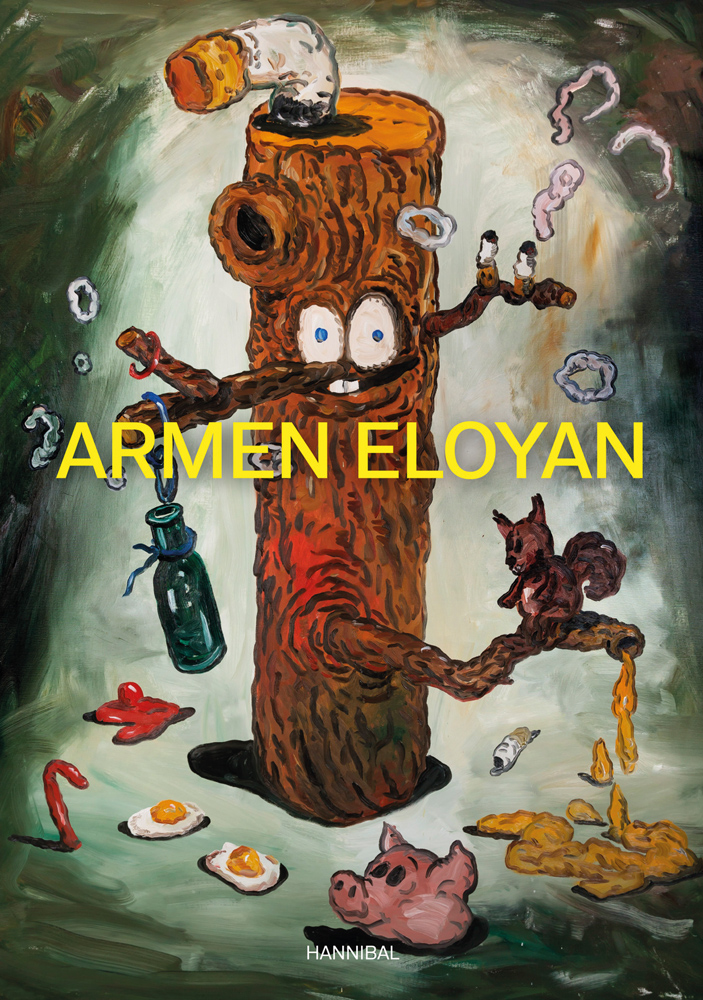 Oil painting, 'Natur und Kultur 1', 2018 by Armen Eloyan, cartoon brown tree trunk, big eyes, under spotlight, on cover of 'Armen Eloyan', by Hannibal Books.