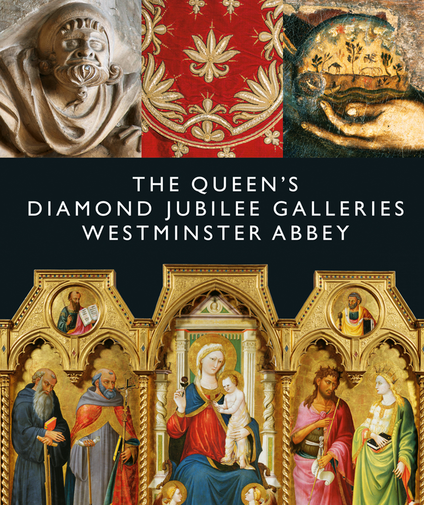 Illuminated gold manuscripts, carved stone face, The Queen's Diamond Jubilee Galleries in white font on navy central banner