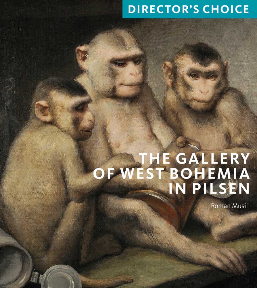 Painting of 3 pale brown monkeys, central monkey holding a vessel, THE GALLERY OF WEST BOHEMIA IN PILSEN in white font to centre right.