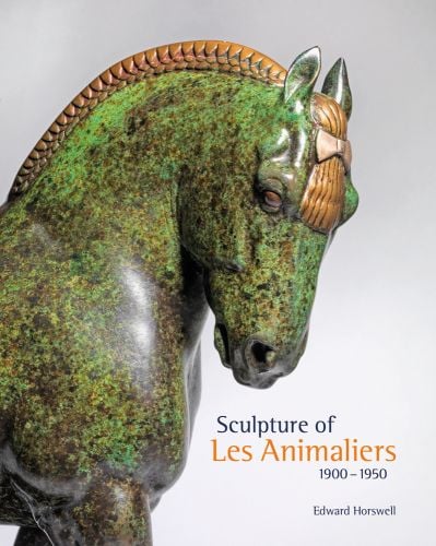 Mottled green and brown sculpture of front of horse with braided mane, grey cover, Sculpture of Les Animaliers 1900-1950 in navy and orange font below.