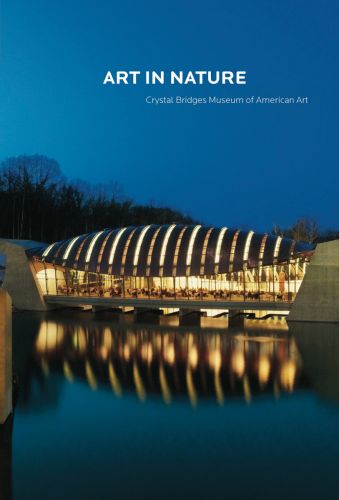 Crystal Bridges Museum of American Art under evening sky, reflection of structure in water, Art in Nature in white font above