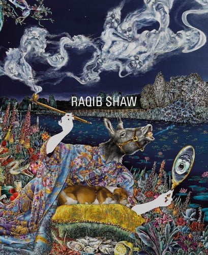 Intricate surreal painting, donkey headed figure under night sky, Raqib Shaw in white font to centre