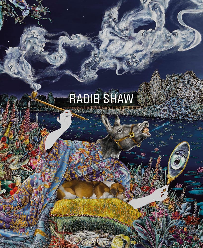 Intricate surreal painting, donkey headed figure under night sky, Raqib Shaw in white font to centre