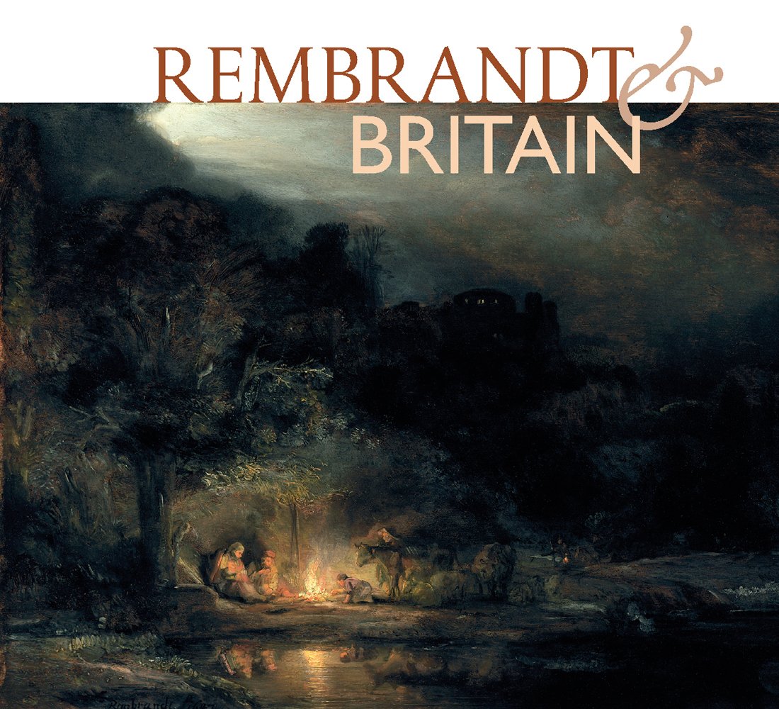 Landscape with the Rest on the Flight into Egypt painting by Rembrandt, Rembrandt & Britain in brown and beige font on top white banner