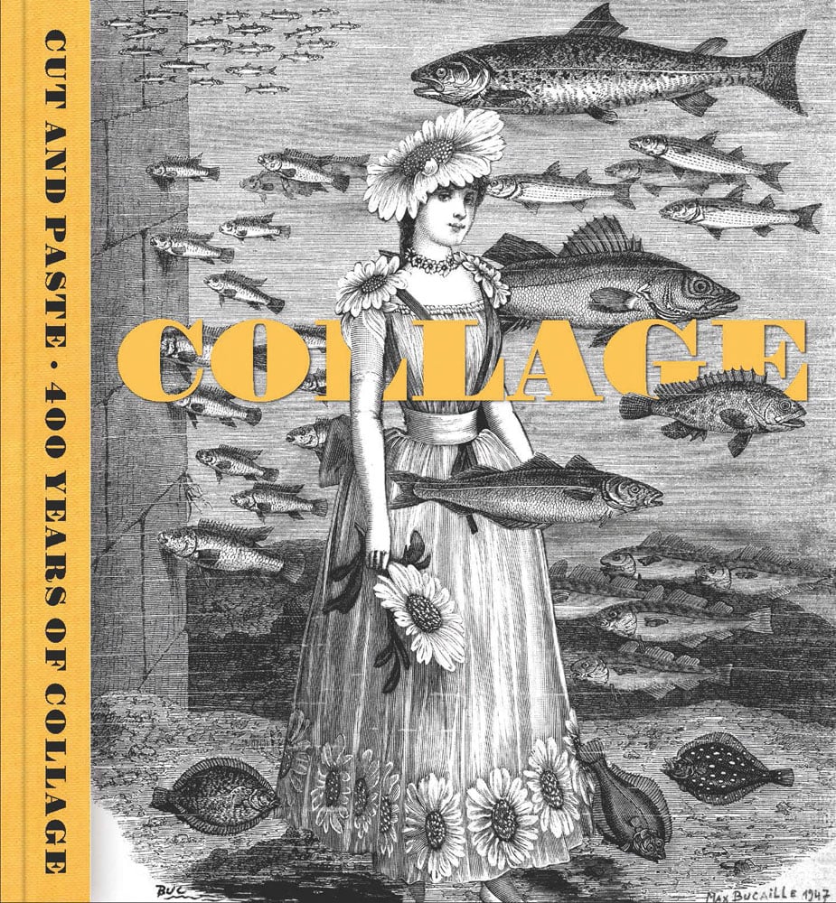 Black and white college print of women in long dress, daisy on head, fish swimming around her, COLLAGE in yellow font to centre.