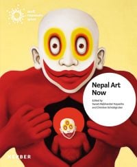 Acrylic painting by Anil Shahi, Don’t Make Me Laugh, 2013, figure in red body paint, pulling chest open, cream cover, Nepal Art Now in black font on white circle to lower right.