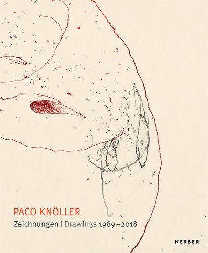 Portion of abstract drawing on cream paper, PACO KNÖLLER Zeichnungen Drawings 1989-2018 in orange and grey font below.