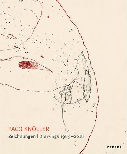 Portion of abstract drawing on cream paper, PACO KNÖLLER Zeichnungen Drawings 1989-2018 in orange and grey font below.