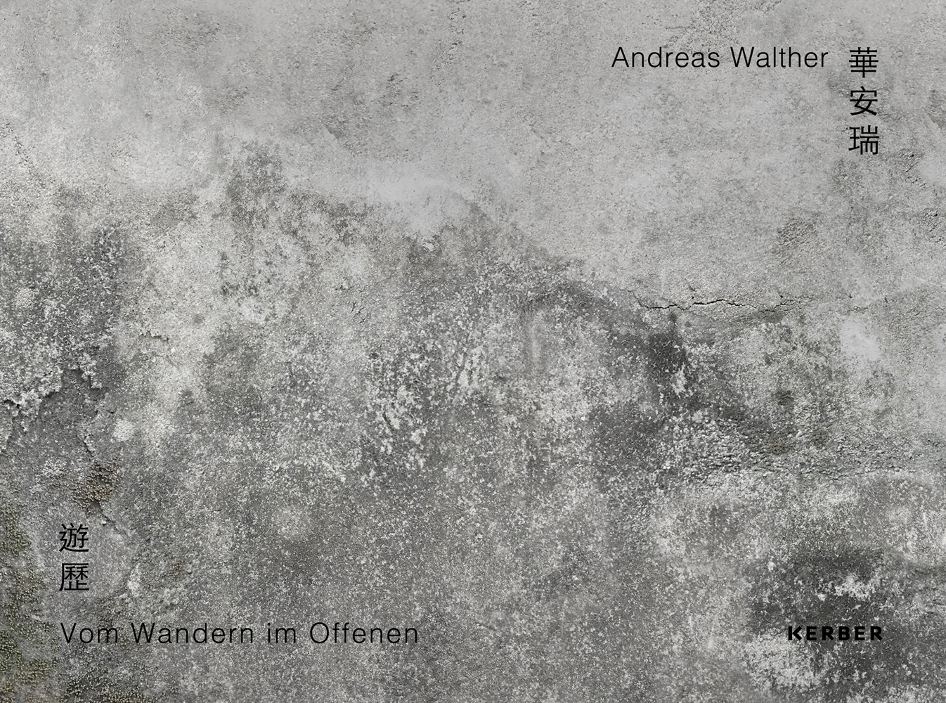 Aerial grey and white mottled landscape, Andreas Walther Vom Wandern im Offenen in grey font above and below.