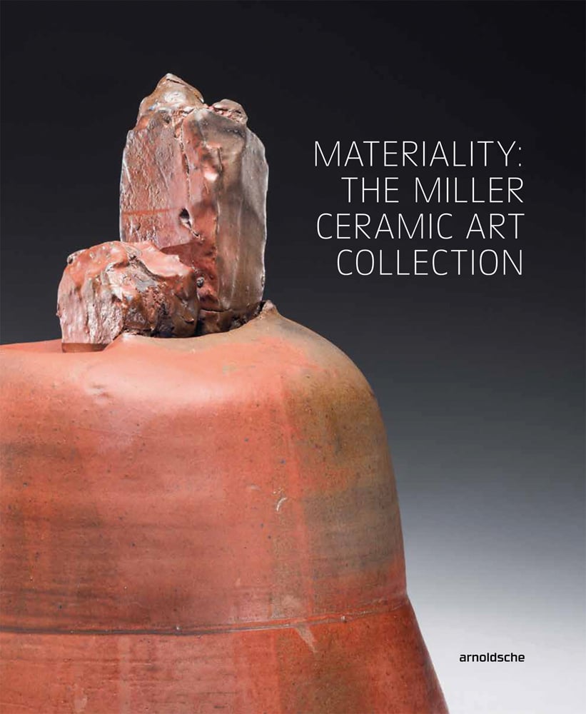 Bell shaped terracotta ceramic, 2 broken pieces poking out of top, grey cover, MATERIALITY: THE MILLER CERAMIC ART COLLECTION in white font to upper right.