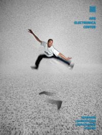 Man in mid-jump surrounded by black and white pixels, on cover of 'Ars Electronica Center', by Edition Lammerhuber.