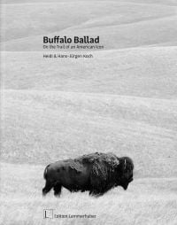 Book cover of Buffalo Ballad, On the Trail of an American Icon, with bison roaming across empty landscape. Published Edition Lammerhuber.