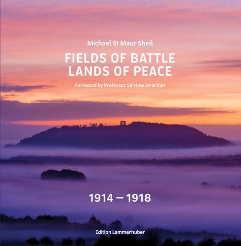 The hill at Montsec, France with with a pink-orange sky above, on cover of 'Fields of Battle - Lands of Peace 1914-1918', by Edition Lammerhuber.