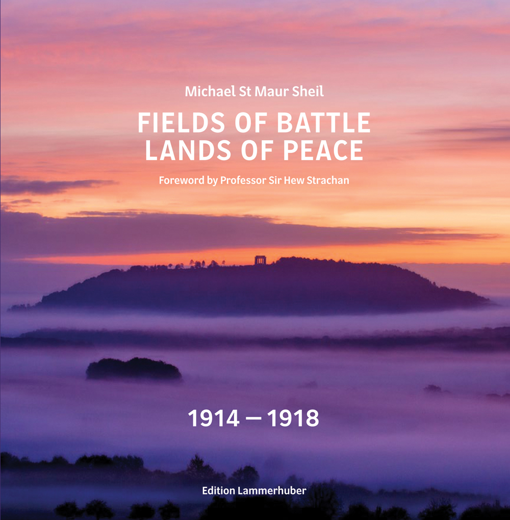 Book cover of Fields of Battle - Lands of Peace 1914-1918, featuring the hill at Montsec, France with a pink-orange sky above. Published Edition Lammerhuber.