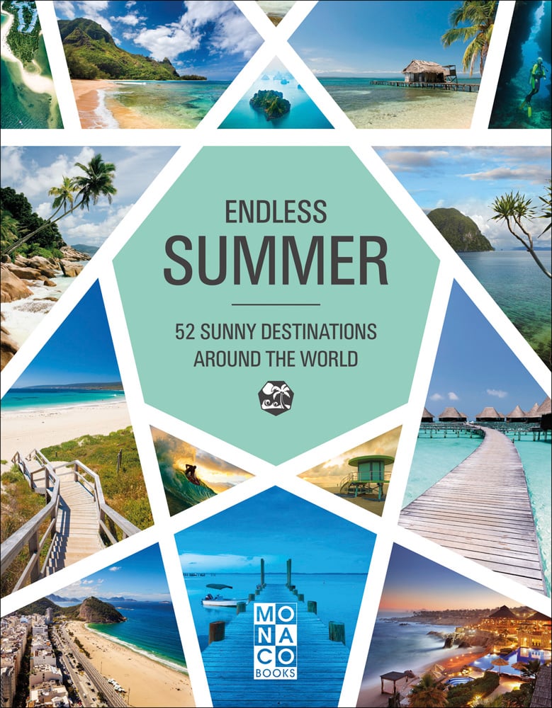 Montage of exotic beach holiday destinations in the sun, ENDLESS SUMMER 52 DESTINATIONS AROUND THE WORLD in grey font on centre mint heptagon.