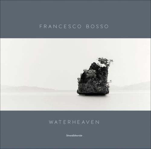 Floating Island in Indonesia, with sprouting trees, in desolate landscape, FRANCESCO BOSSO WATERHAVEN in white font on top and bottom grey banners.
