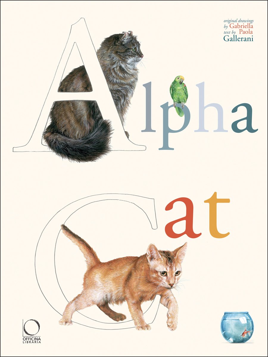 Book cover of Alpha Cat, with a grey cat sitting near the letter A, and a ginger cat walking through the letter C. Published by Officina Libraria.