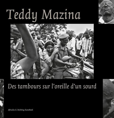 Black book cover of Teddy Mazina, Africalia Editions, featuring a photo young girl on back on motorcycle, being ridden by military personnel wearing beret. Published by Stichting.