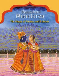 Book cover of Rajasthani Miniatures: The Magic of Strokes and Colours, with two figure in Indian dress. Published by Niyogi Books.