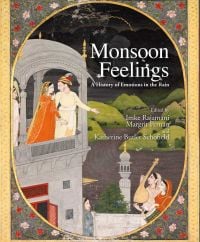 Book cover of Monsoon Feelings: A History of Emotions in the Rain, with a couple standing at a balcony listening to music below. Published by Niyogi Books.