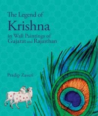Book cover of The Legend of Krishna: In Wall Paintings of Gujarat and Rajasthan, with a peacock feather. Publisher by Niyogi Books.