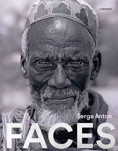 Black and white portrait of African man with white beard wearing kufi, Serge Anton Faces in off white font below