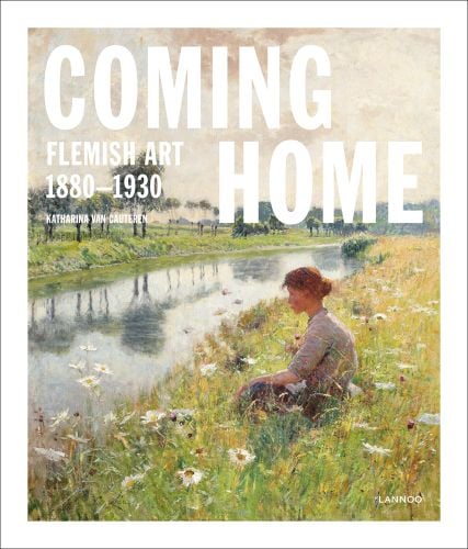 Painting, Girl near the Leie, 1892 by Emile Claus, with white border, COMING HOME FLEMISH ART 1880-1930 in white font above.