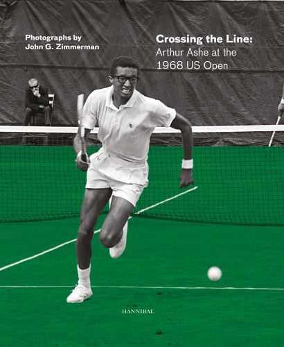 Tennis star Arthur Ashe on green court sprinting for ball, Crossing the Line: Arthur Ashe at the 1968 US Open in white font