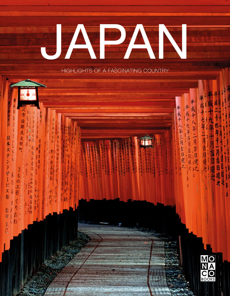 The Torii tunnel from the Fushimi Inari Shrine in Kyoto, JAPAN HIGHLIGHTS OF A FASCINATING COUNTRY in white font above.