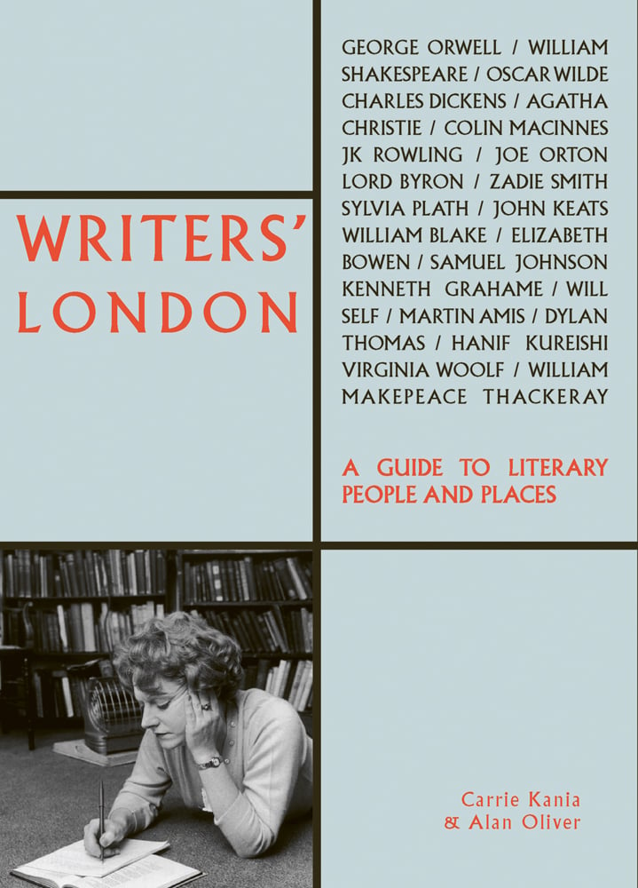 White, female writer, writing on paper, to bottom left corner, Writers' London A Guide to Literary People and Places in red font above, list of writers in black, to right.