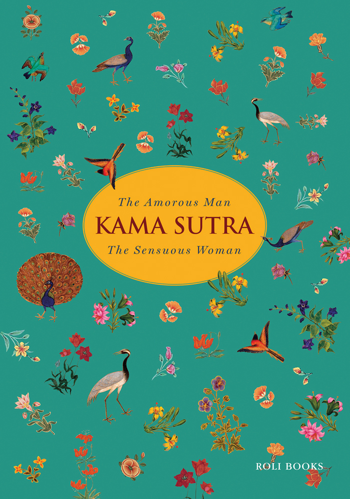 Long necked birds surrounded by flowers, on turquoise cover, The Amorous Man KAMA SUTRA The Sensuous Woman in turquoise and dark red font on yellow oval to centre.