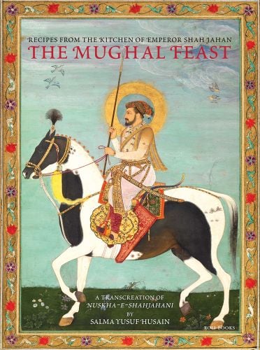 1628 Miniature painting of Shah Jahan riding a white stallion, THE MUGHAL FEAST in red font above.