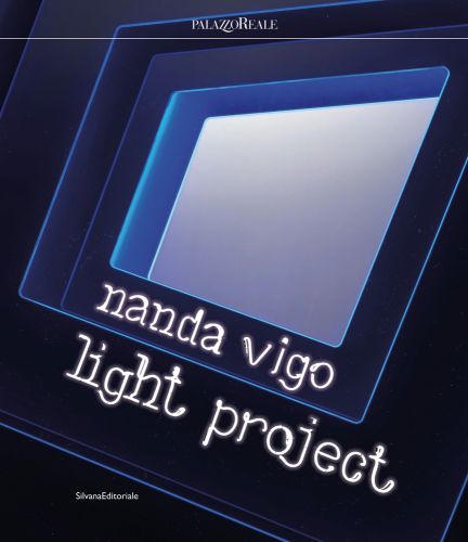 Violet blue screens with illuminated edges, nanda vigo light project in white neon style lighting font to lower portion.