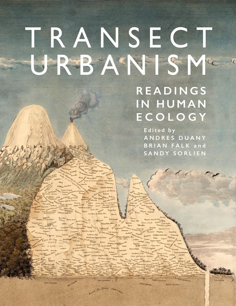 Mountain landscape illustration, small text written on mountain surface, Transect Urbanism Readings in Human Ecology in white font above.