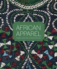 African fabric embroidered with small white, green and red beads, African Apparel in white font on green central banner