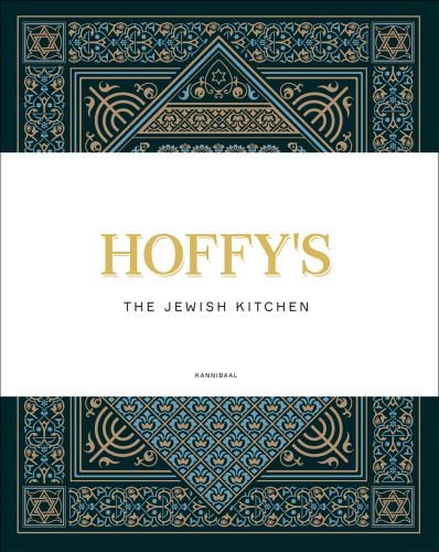 Intricate patterned design in blue and bronze, HOFFY'S THE JEWISH KITCHEN in gold and black font to centre white banner.