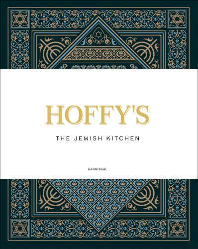 Intricate patterned design in blue and bronze, HOFFY'S THE JEWISH KITCHEN in gold and black font to centre white banner.