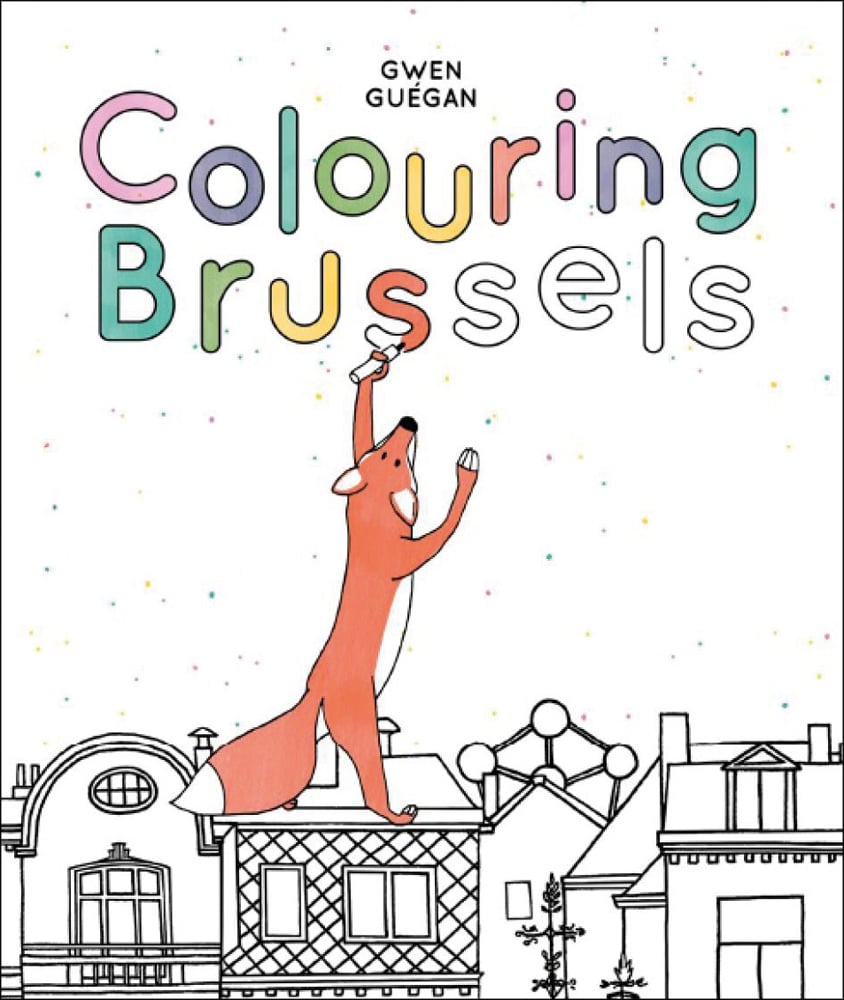 Illustration of fox standing on rooftop colouring letter 's' in orange of Brussels, Colouring Brussels stencilled font above.